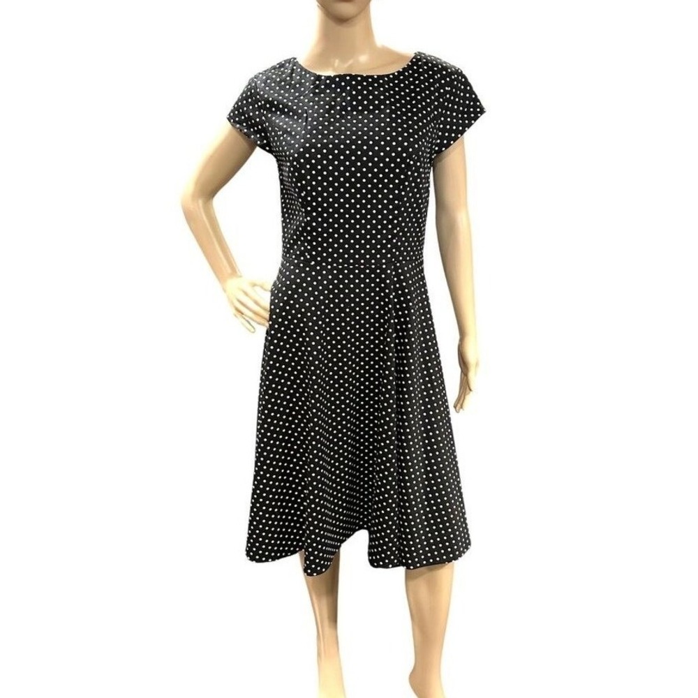 Vintage Black White Polka Dot Fit & Flare Dress Cap Sleeve Retro Midi Classic‎